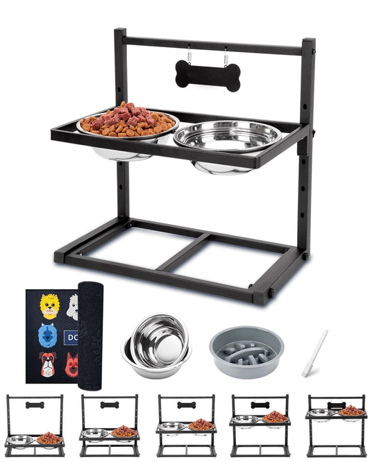 Cuencos elevados para perros con alimentador lento, soporte de tazón elevado de altura ajustable con 2 cuencos de acero inoxidable de 1200 ml, a prueba de derrames, cuencos para perros pequeños, medianos y grandes