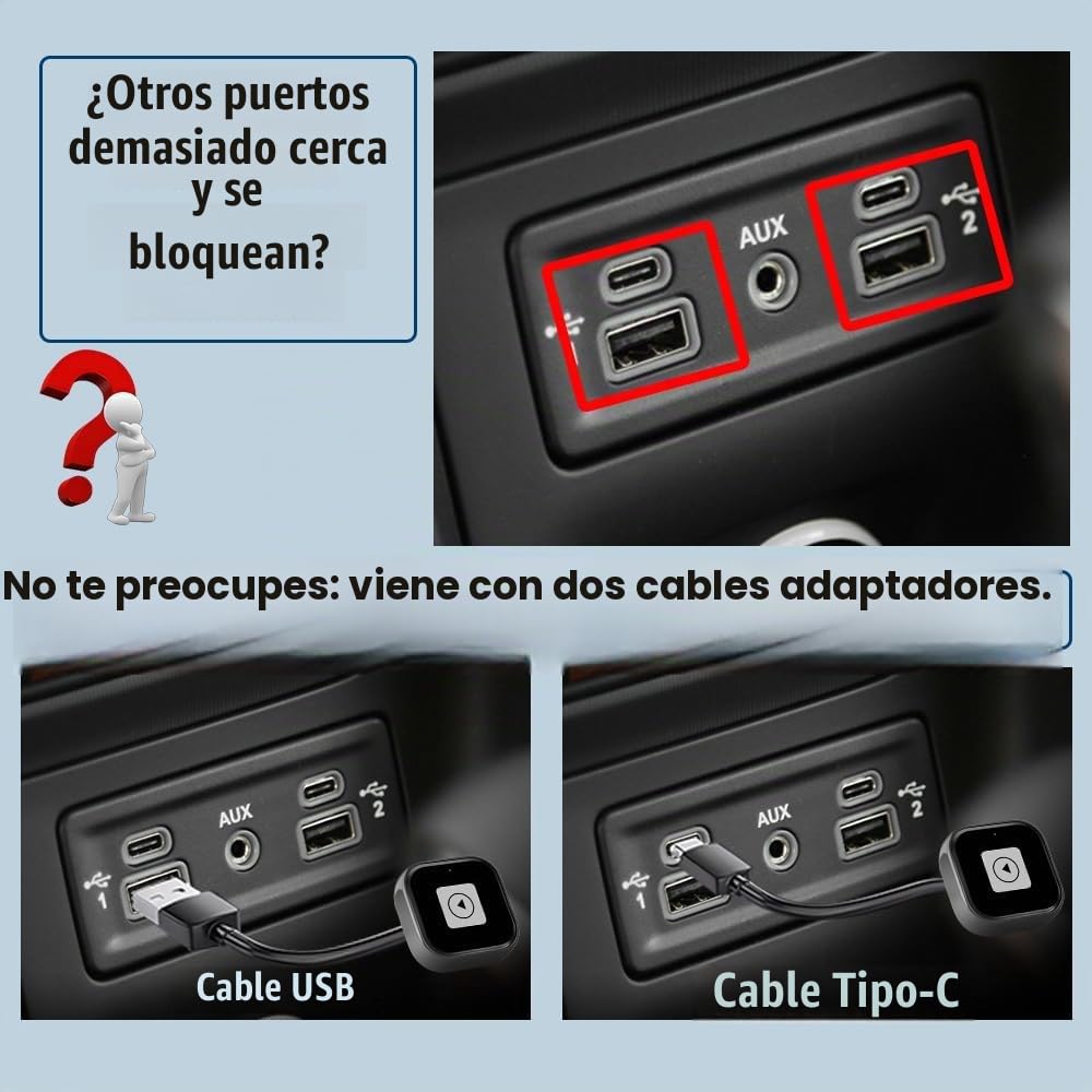 Adaptador Inalámbrico Mini Pyniro Blanco 2 en 1 CarPlay y Android Auto Plug & Play para iOS 10+ y Android 11+