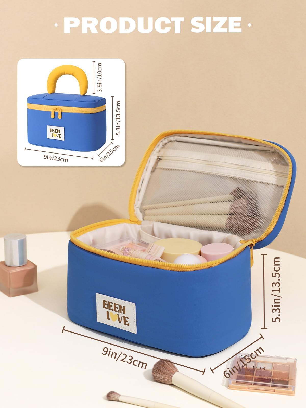 Lalamisi - Bolsa de maquillaje de viaje para mujer, bolsa de maquillaje de gran capacidad, bolsa organizadora, bolsa de aseo portátil, impermeable, con asa y divisor, Azul, Bolsa de cosméticos de moda