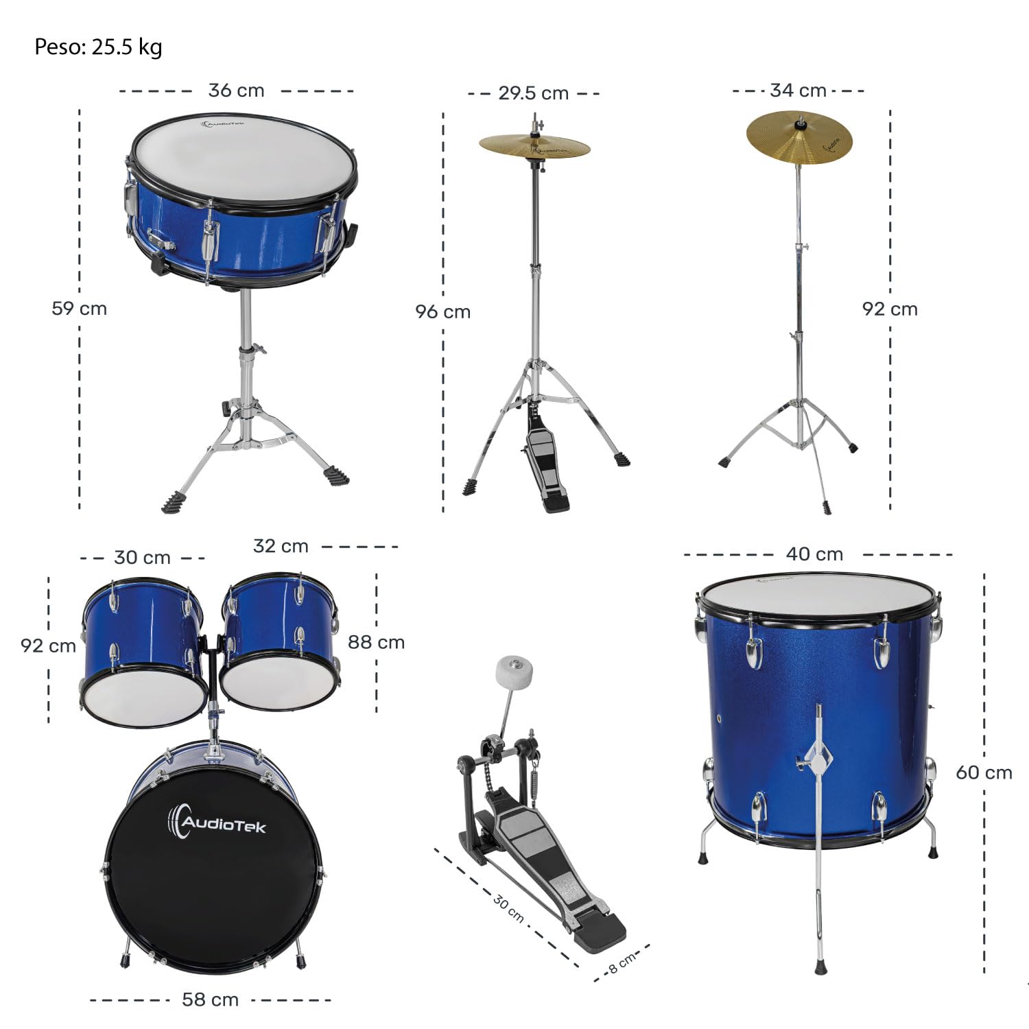 AUDIOTEK Bateria Acustica 5 Piezas Completo Platillos Atriles Bombo 23 Pulgadas Toms Redoblante Tambor de Piso Baquetas Incluidas Kit Musical Semi Profesional para Principiantes y Adultos (Azul)
