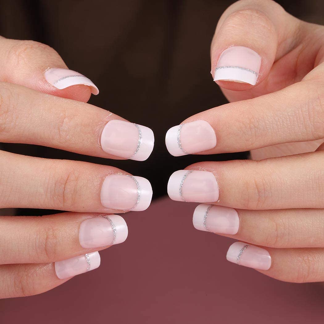 Chicque 24 uñas postizas cuadradas cortas con purpurina rosa brillante, cubierta completa, uñas falsas de boda para mujeres y niñas
