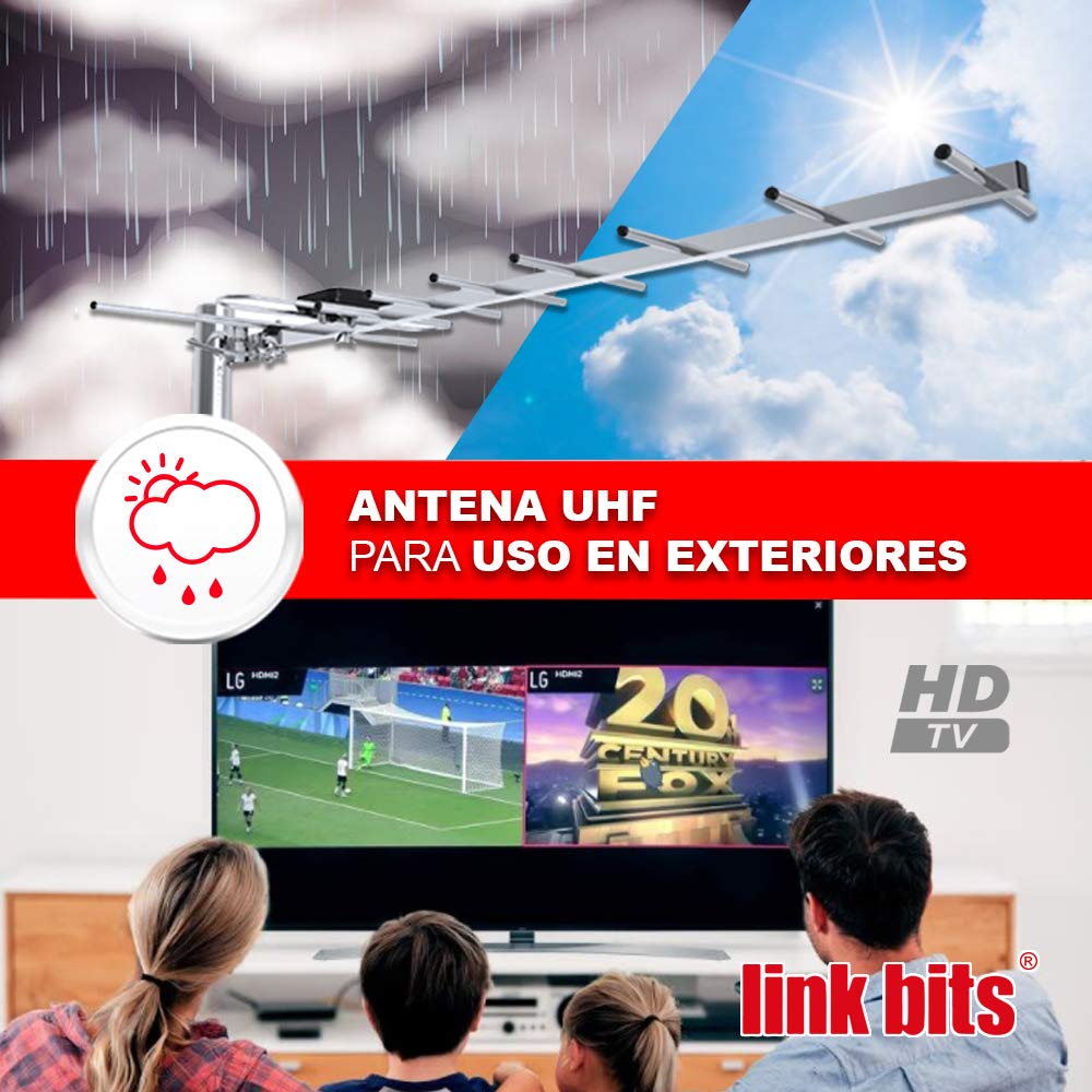 LINK BITS EXHD02 Antena TV Digital Exterior HD, recepción amplificada, Canales televisión Abierta (Incluye 10m de Cable Reforzado)