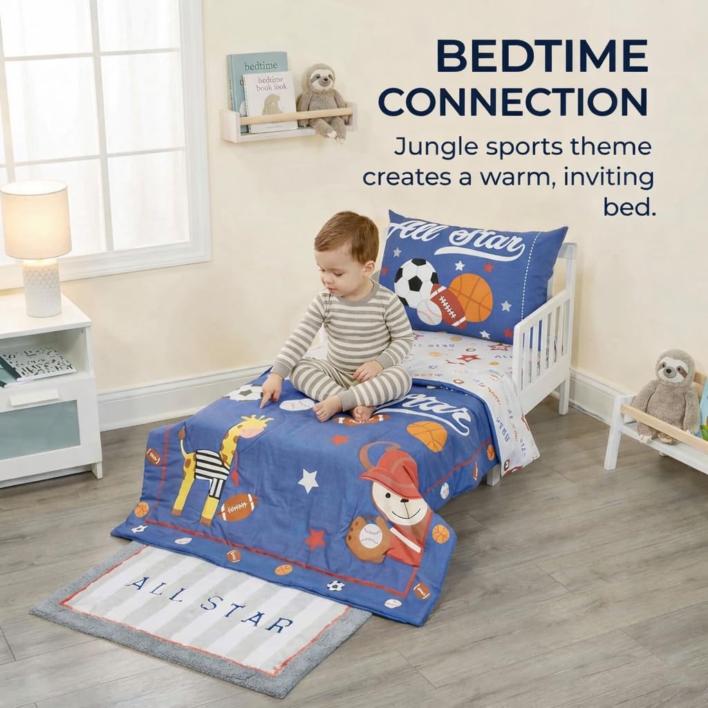 EVERYDAY KIDS - Juego de ropa de cama de 4 piezas para niños pequeños – Jungle Sports – Suave percal 100% algodón, incluye edredón, sábana encimera, sábana bajera ajustable y funda de almohada