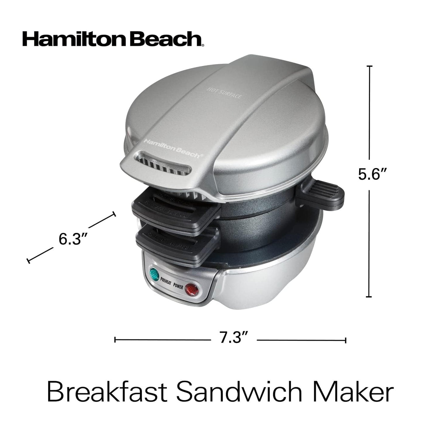 Hamilton Beach - Sandwichera de desayuno con anillo de huevo para cocina, ingredientes personalizados, perfecto para magdalenas inglesas, cruasanes, mini gofres, regalo perfecto de elefante blanco, plata (25475)