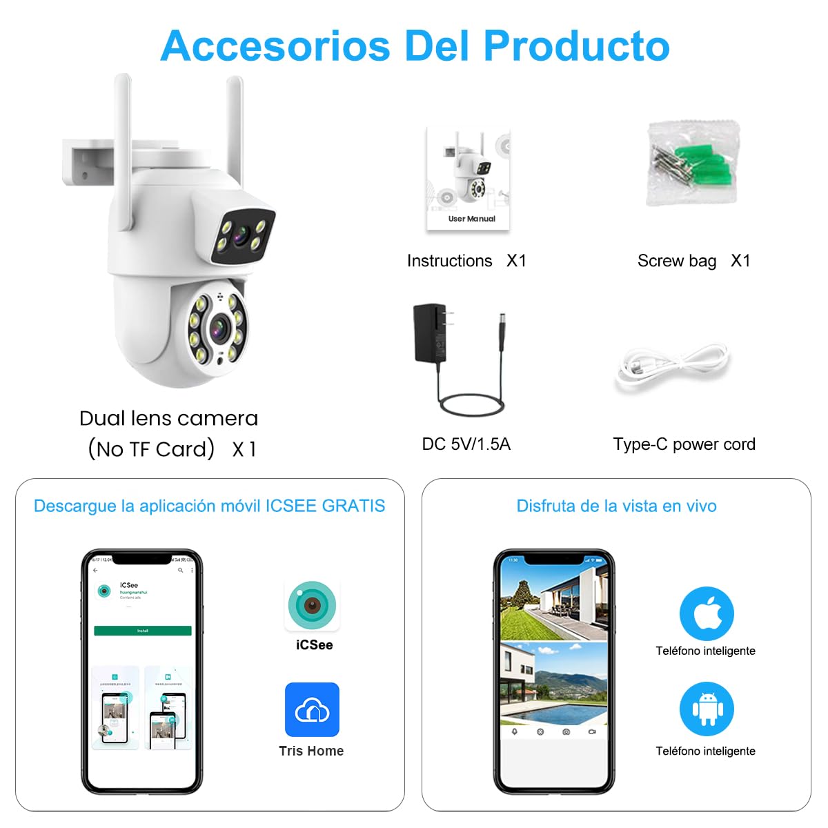 Cámara de Seguridad Exterior EASYTAO 2K 3MP Wifi Doble Lente IP66 con Audio Bidireccional y Visión Nocturna Compatible Alexa