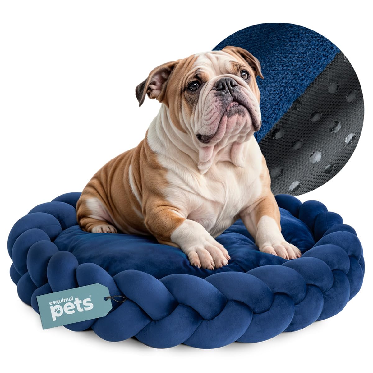 Cama Redonda Esquimal Azul Marino Mediana Trenzada y Lavable para Perro y Gato