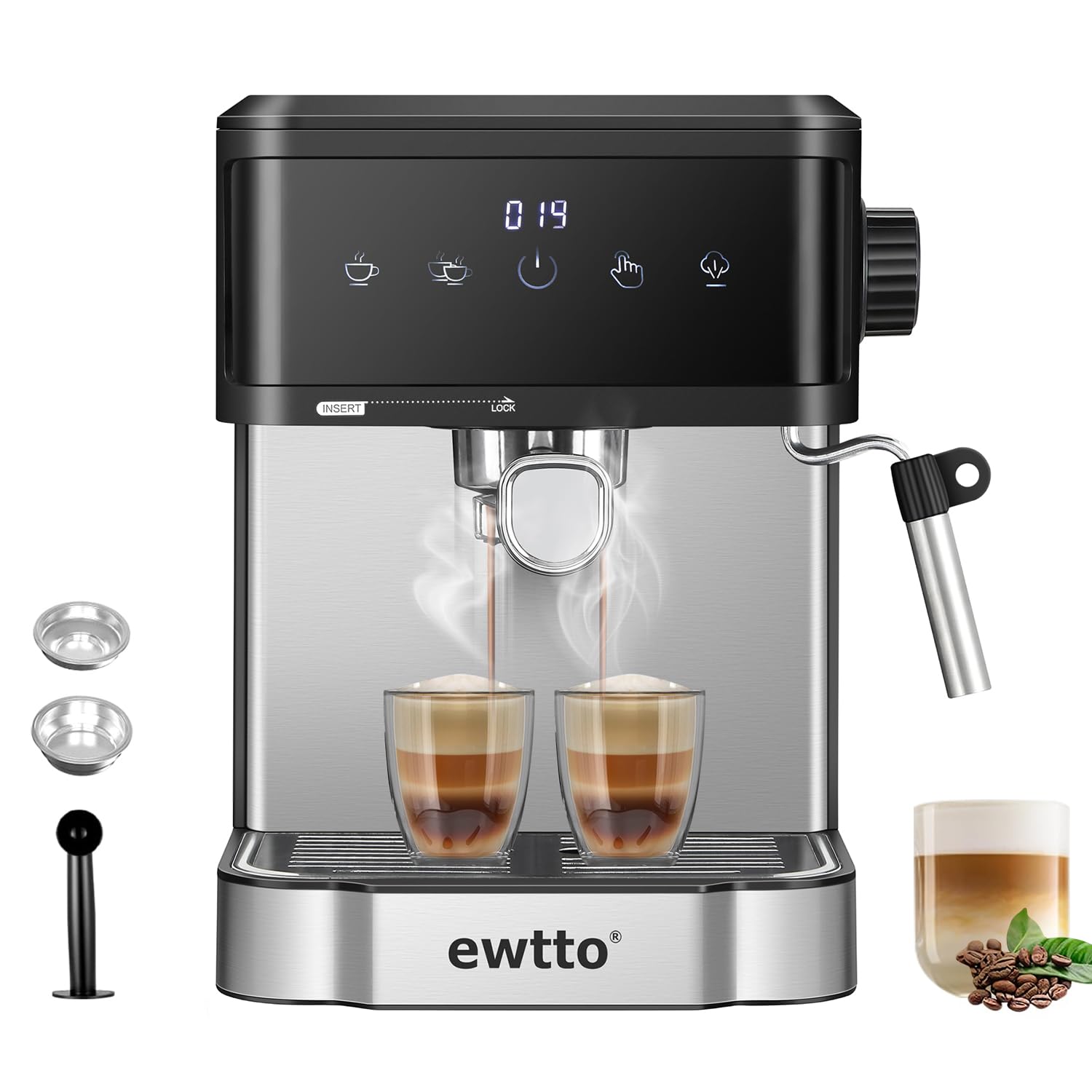 Cafetera Automática de Espresso，Cafetera Espresso y Cappuccino con Espumador de Leche, Pantalla Táctil Máquina de Café Profesional de Capuchinos Mocha y Latte, 1.7L, 20 Bares, 850W