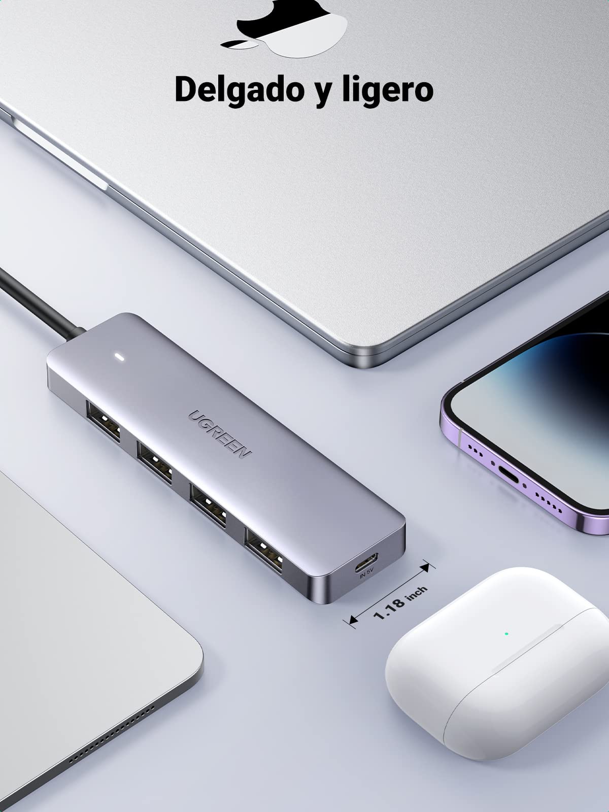 UGREEN HUB USB C, Adaptador Tipo C a 4 USB 3.0 Puertos de 5 Gbps Compatible con iPhone 16 15 Macbook Pro Air iMac iPad Chromebook Pixelbook XPS Galaxy y Más Dispositivos Tipo C 60 CM
