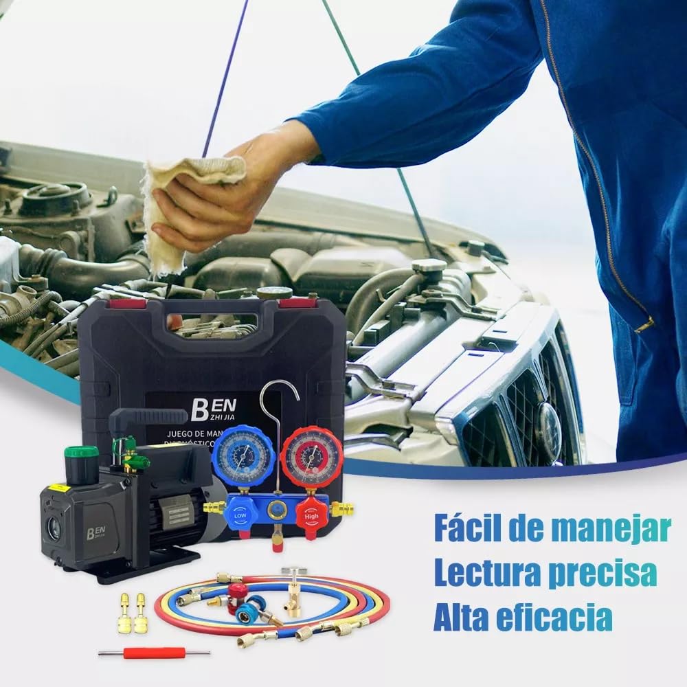 FIXITFAST 5cfm 1/3hp Bomba De Vacío + Manómetro R134a R22 R410a R404a Kit de refrigeración de colector de cuerpo de aluminio con bolsa de transporte para recarga y mantenimiento de refrigeración A/C