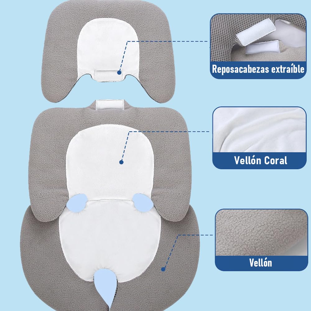 Reductor de silla de bebé, Cojín para Coche de Bebé, Diseño de doble cara para todo Año, transpirable y absorbe Sudor, soporte cómodo, Mayoría de los portadores, asientos, cochecitos adecuados.(Gris）