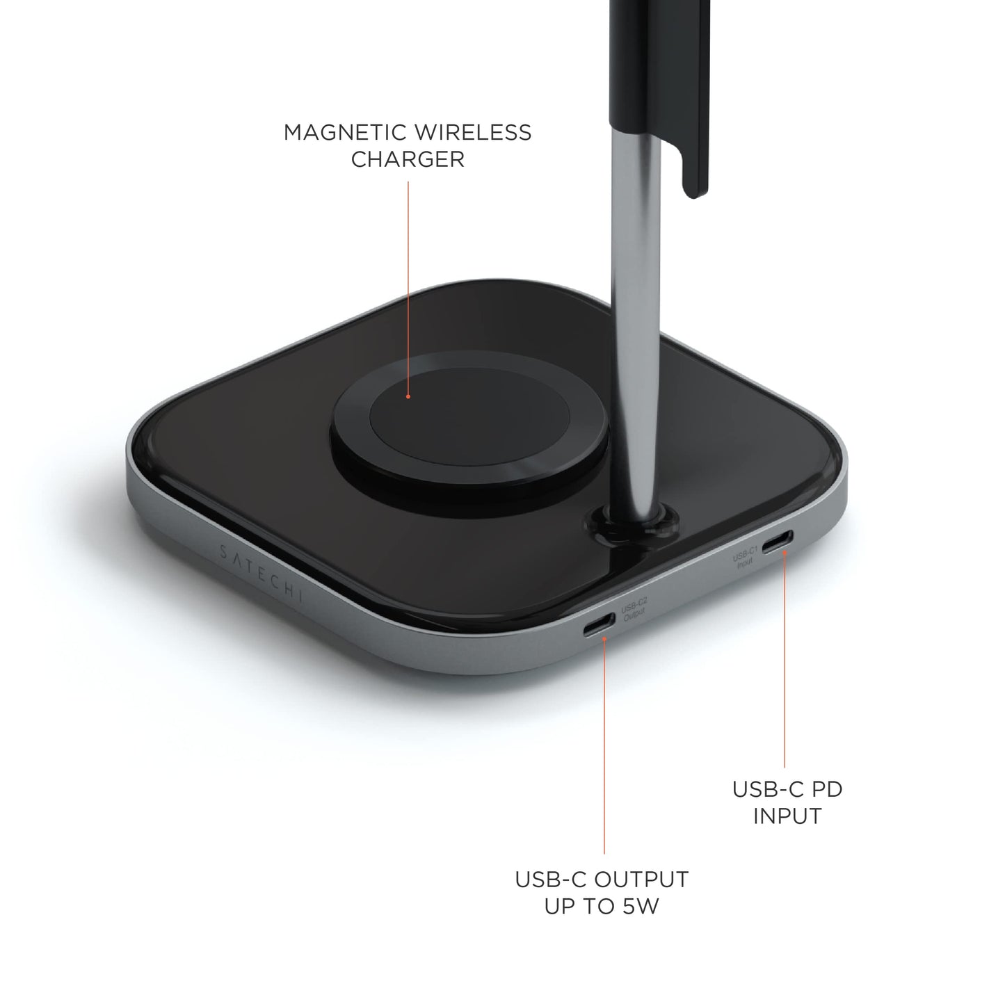 Soporte para Auriculares SATECHI Gris con Carga Inalámbrica y USB Tipo-C Compatible con iPhone y Dispositivos Qi