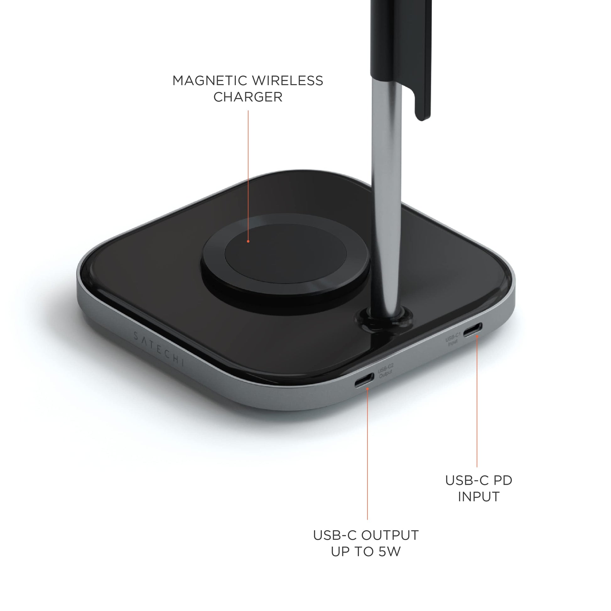 Soporte para Auriculares SATECHI Gris con Carga Inalámbrica y USB Tipo-C Compatible con iPhone y Dispositivos Qi