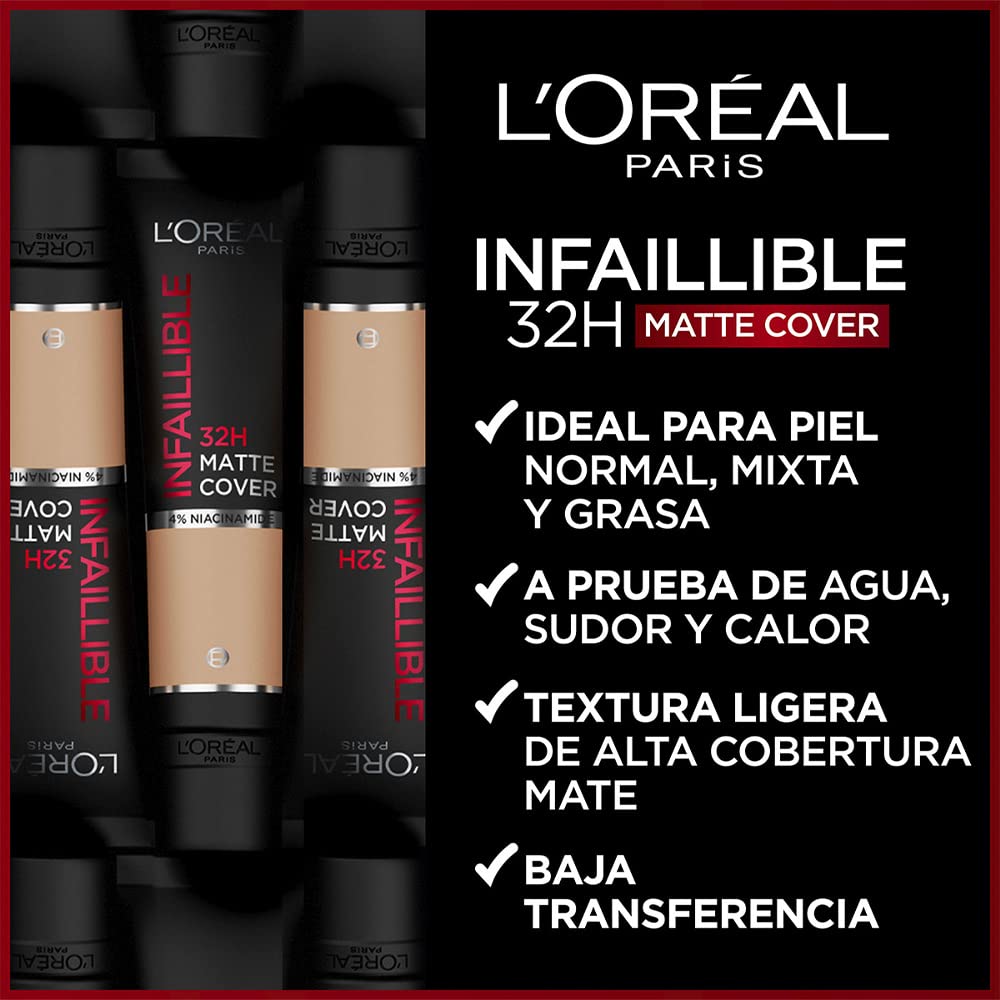 L'Oréal Paris, Infalible 24h Matte Cover base de maquillaje mate alta cobertura larga duración con skincare 4% Niacinamida, Anti-Imperfecciones, Tono 135 Vanilla, 30ml