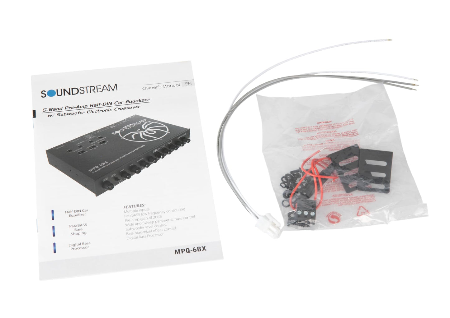 Soundstream MPQ-6BX 1/2 DIN 5 bandas ecualizador de audio para coche con reconstrucción de graves digitales – salida RMS de 7 V, filtro subsónico, ajuste de ecualizador de ± 18 dB, preamplificador de
