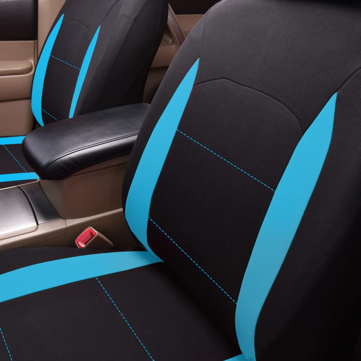 Flying Banner Fundas de Asiento de Coche para Asientos Delanteros y Traseros de poliéster, fáciles instalaciones, Banco Trasero Dividido, (Juego Completo, Respaldo bajo, Negro Azul mentol)