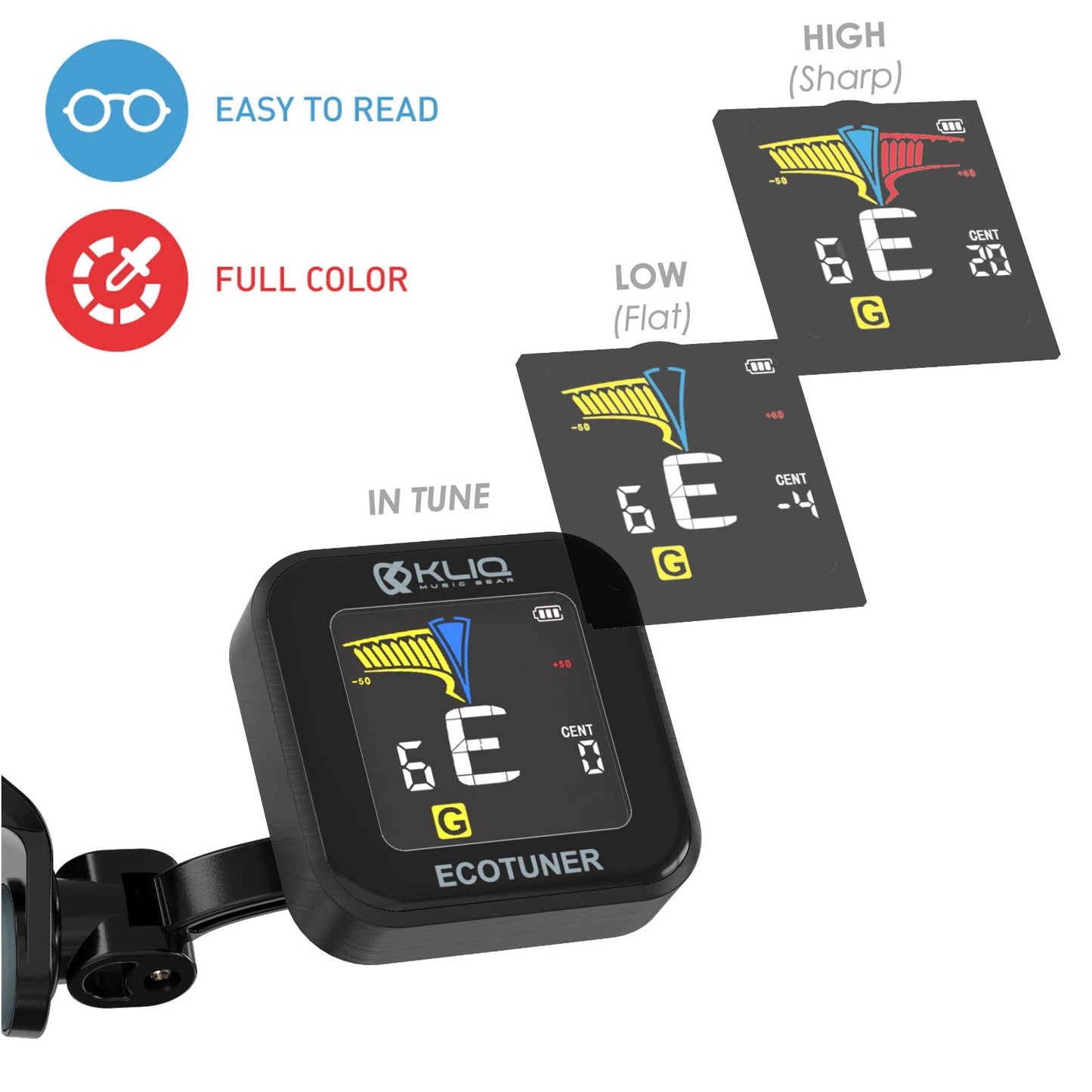 KLIQ EcoTuner - Sintonizador de clip recargable por USB para todos los instrumentos (con cable de carga incluido)