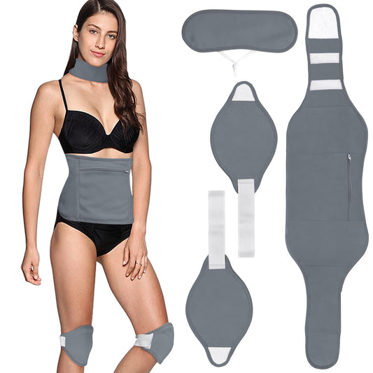 Paquete de 4 aceite de ricino para rodilla, cuello y abdomen, paquete de aceite de ricino reutilizable para abdomen con correa elástica ajustable, franela de algodón, lavable a máquina, antifugas de