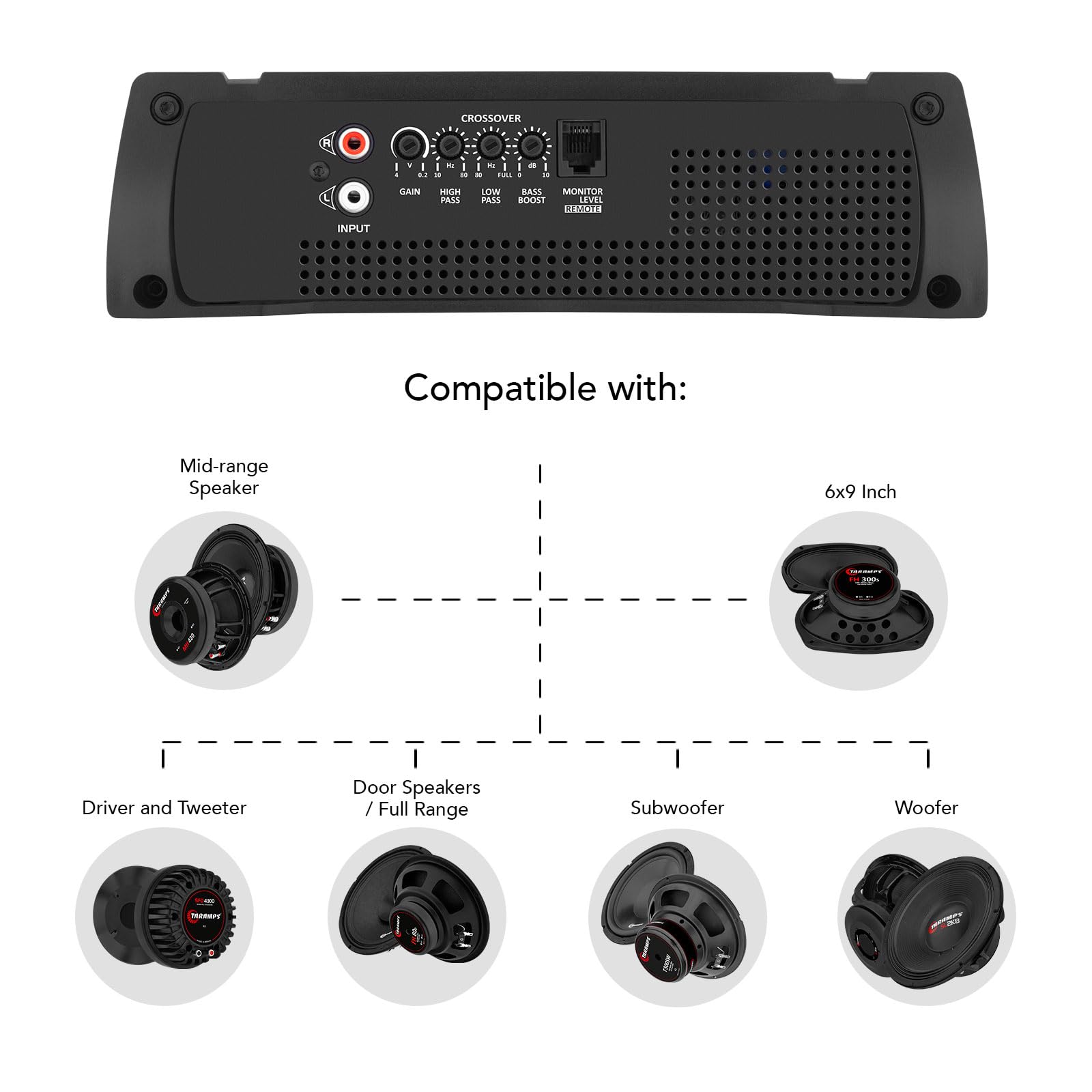 Taramps HD 2000 4 ohmios 1 canal 2000 vatios RMS MAX de rango completo de audio para coche, monobloque, indicador de monitor LED, amplificador clase D, crossover, amplificador blanco de 2 K