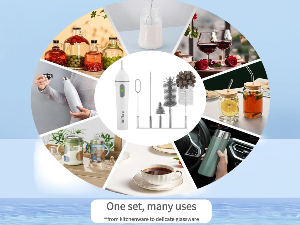 Travelling - Juego de cepillos eléctricos para botellas de bebé, cepillo para polvo de mango largo, cepillo para polvo de botella de silicona sin BPA, soporte de almacenamiento, mezclador de leche