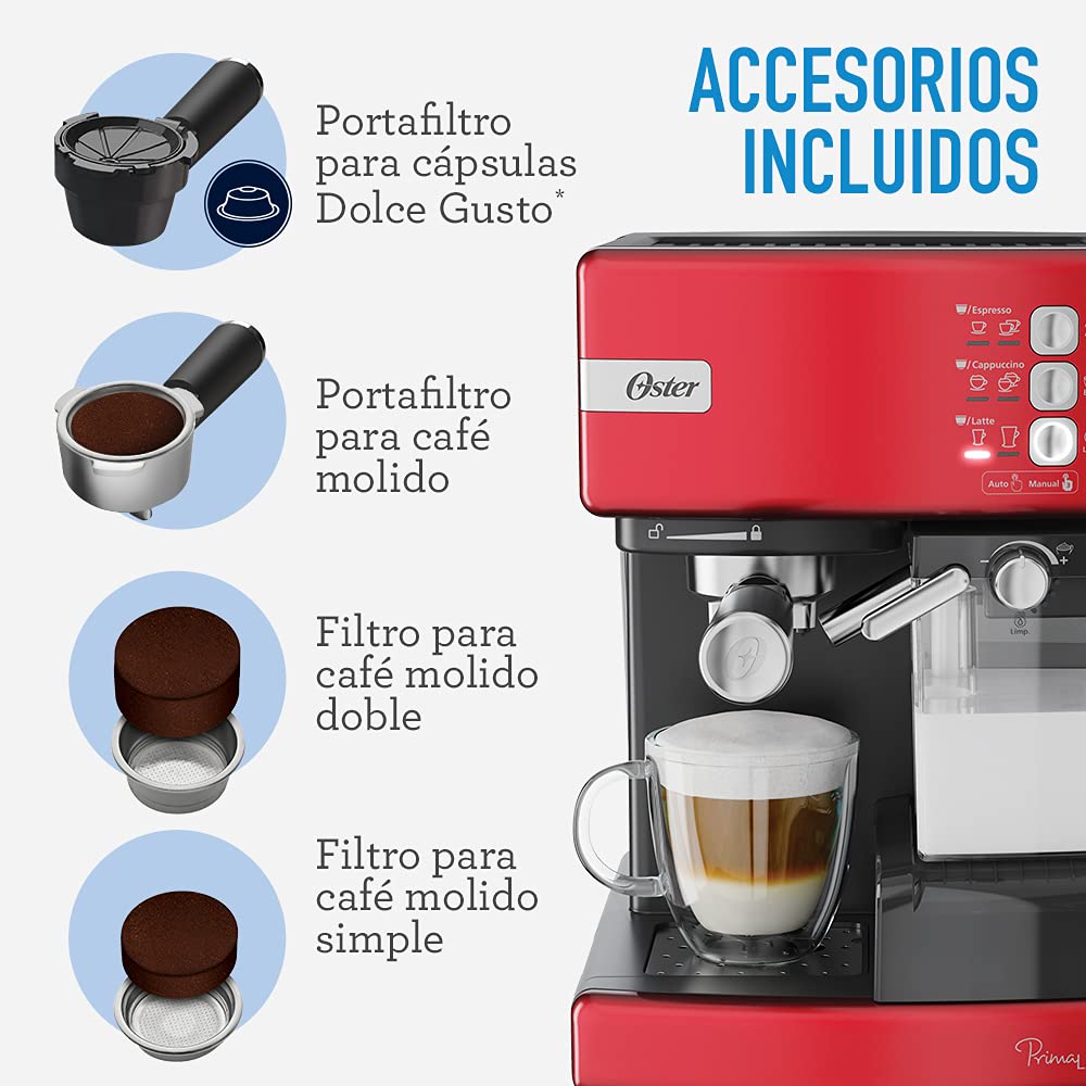 Cafetera Automática de Espresso Oster Roja PrimaLatte BVSTEM6603R