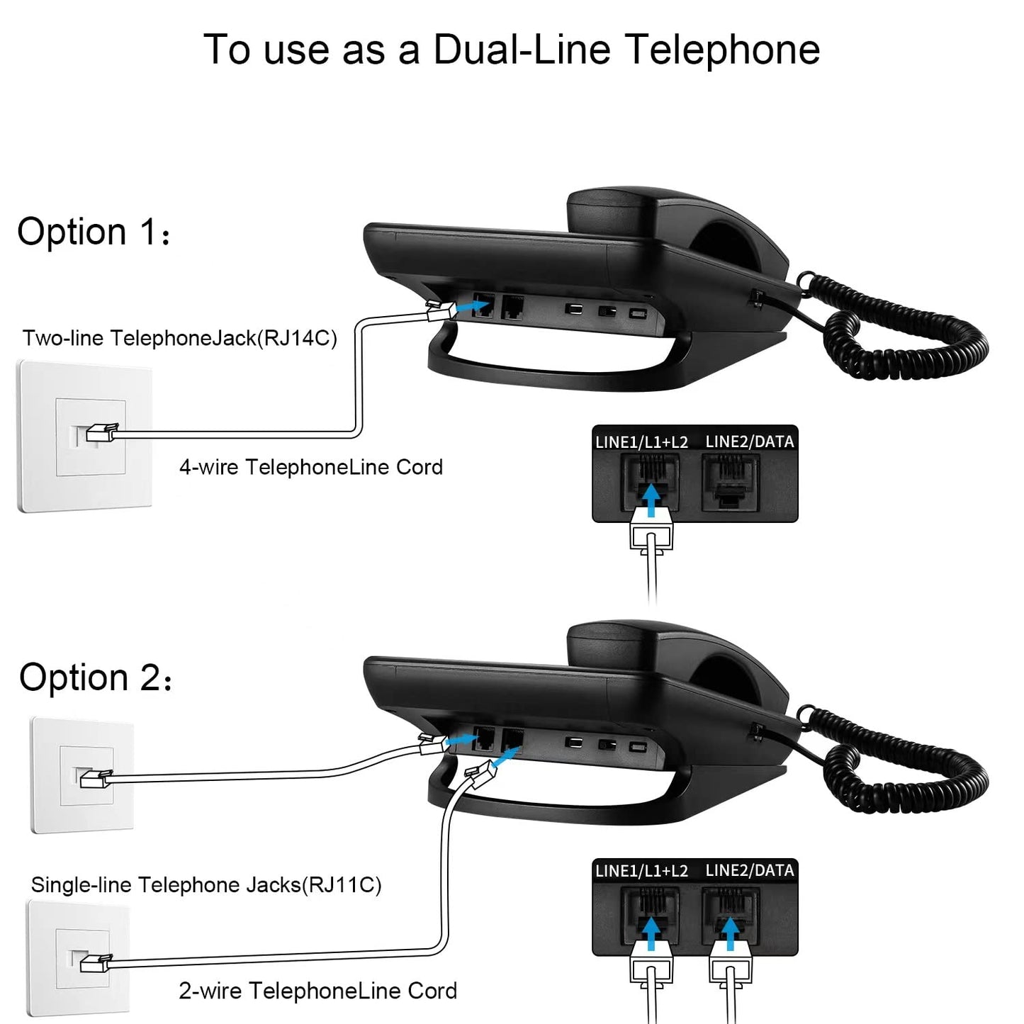 Sistemas de teléfono fijo de 2 líneas Ornin para pequeñas empresas y hogar, solo teléfono de escritorio (negro)
