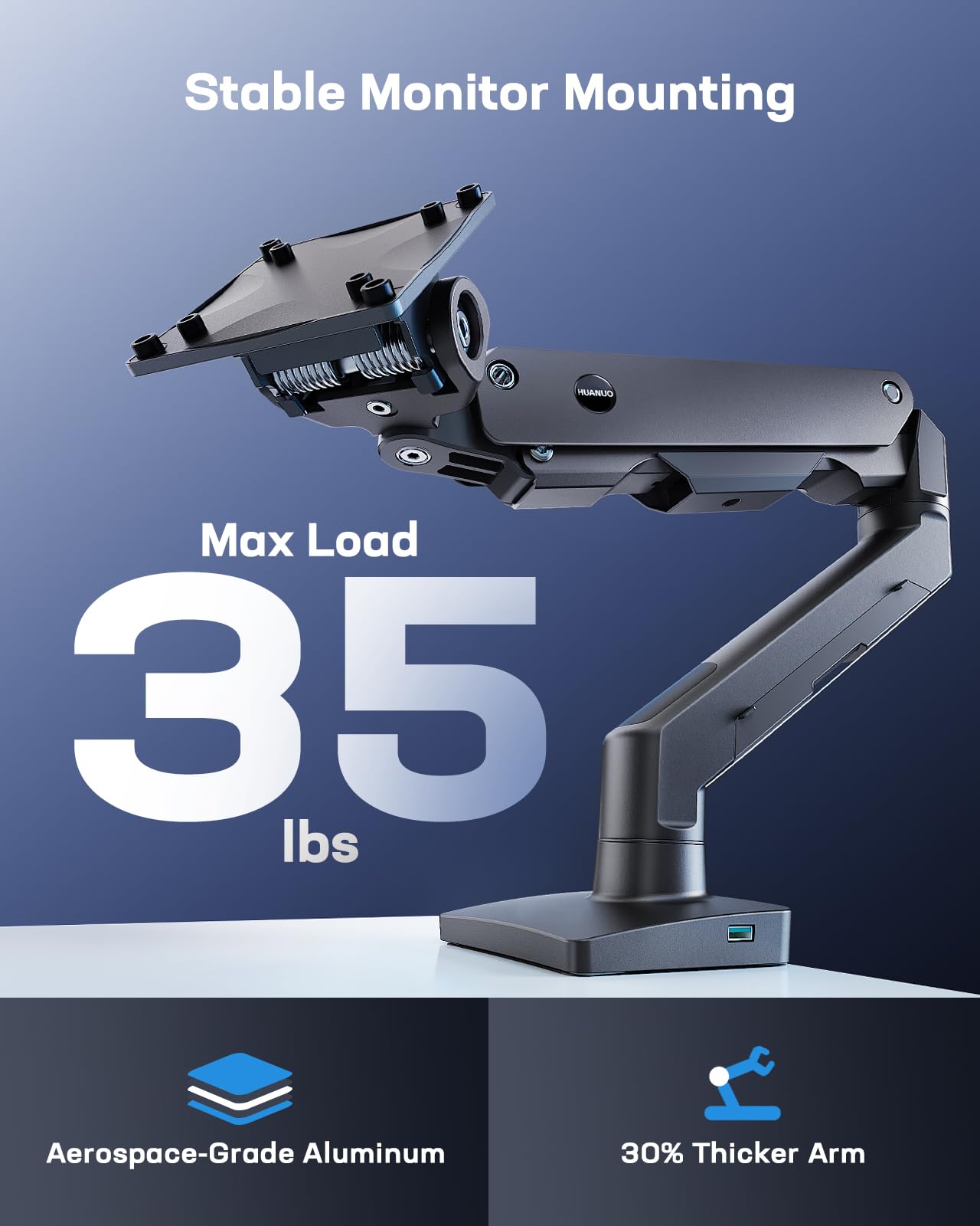 HUANUO - Brazo de monitor resistente para pantallas de 49 pulgadas de hasta 35 libras, brazo de visualización ultra ancho de aluminio para Samsung Odyssey G9 y más, soporte de monitor totalmente