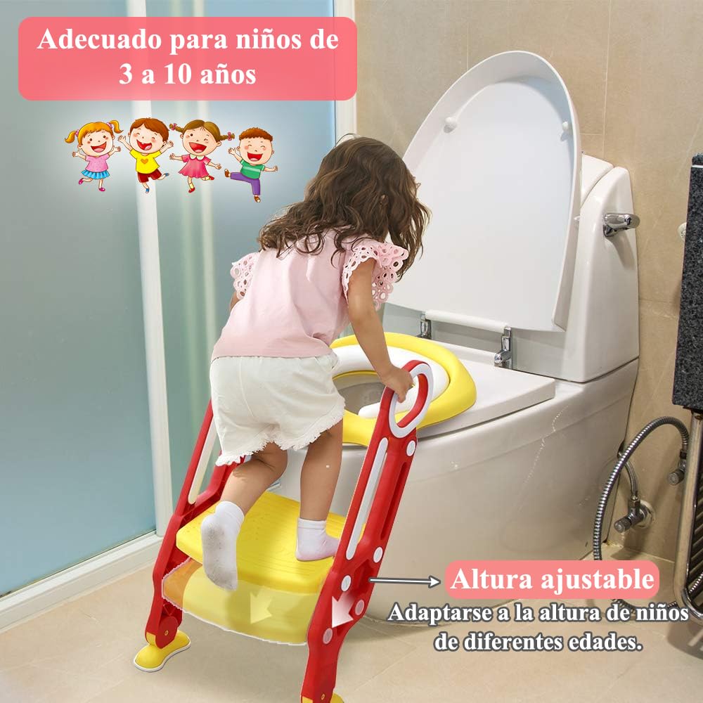 Baño Entrenador Niño, Asiento Entrenador para Baño con Tapizado y Escalera Antideslizante, Plegable Escalera para Baño Niños, Fácil de Guardar, Asiento Ergonómico, Edad de 3 a 10 Años, Rojo Amarillo