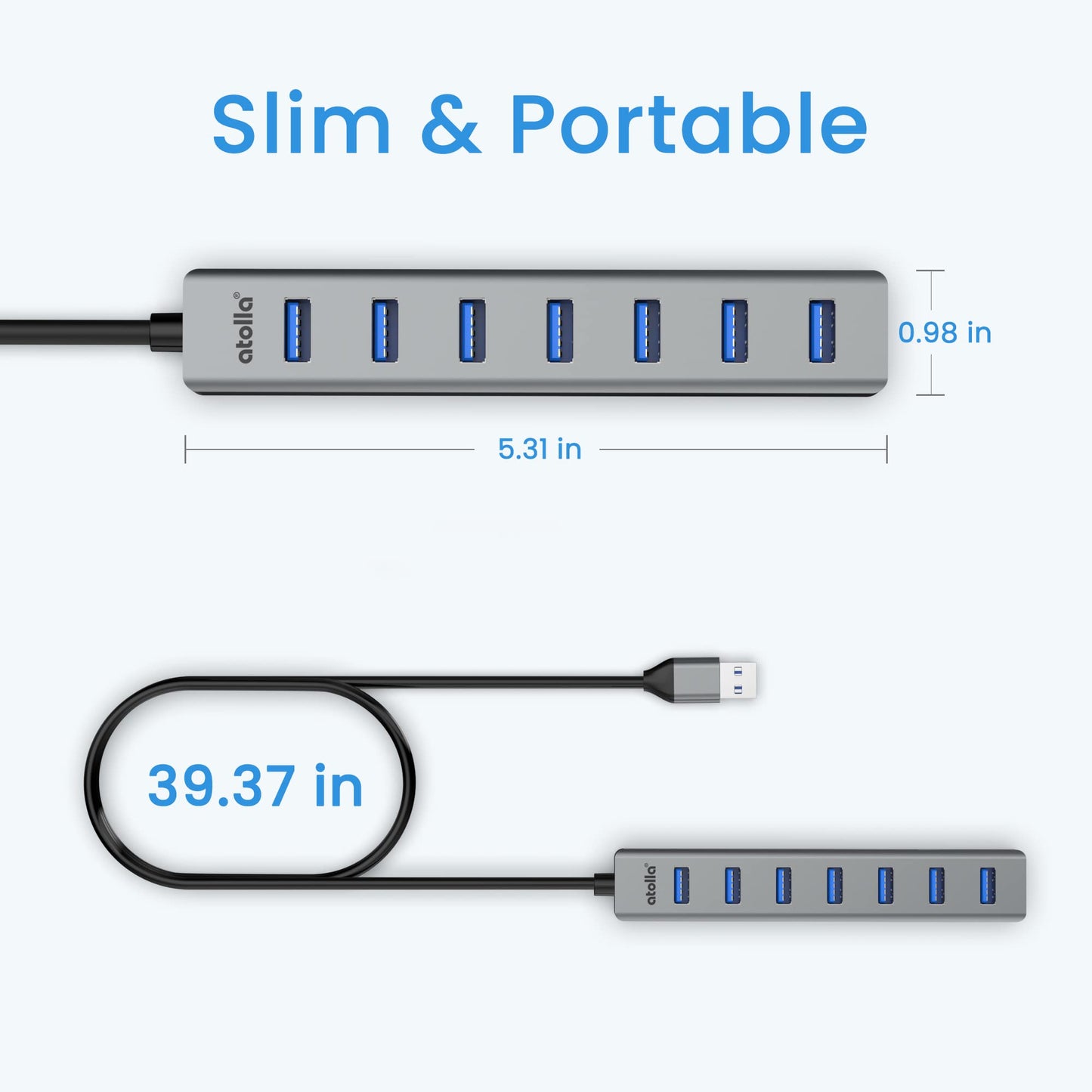 atolla Hub USB 3.0, 7 Puertos Multi USB Hub de Aluminio, Cable de Extensión de 1m Adaptador USB para PC, Portátil, Macbook Pro y más