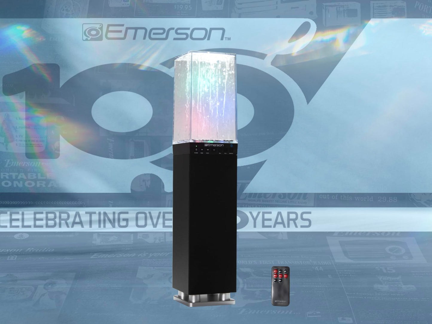 Emerson EHS-2001 Sistema de Altavoces de Torre de luz de Agua con Bluetooth y Radio FM, Altavoz inalámbrico de pie con Fuente de Agua LED, Sonido cristalino, transmisión Bluetooth