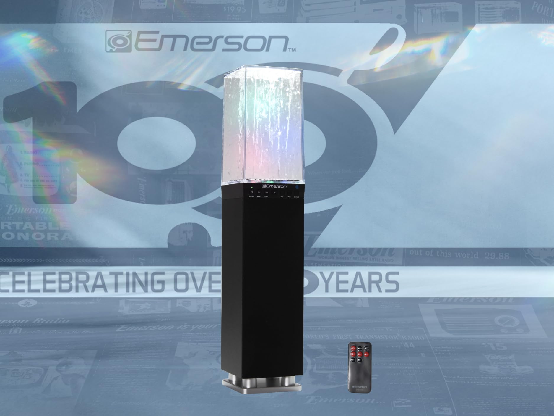 Emerson EHS-2001 Sistema de Altavoces de Torre de luz de Agua con Bluetooth y Radio FM, Altavoz inalámbrico de pie con Fuente de Agua LED, Sonido cristalino, transmisión Bluetooth