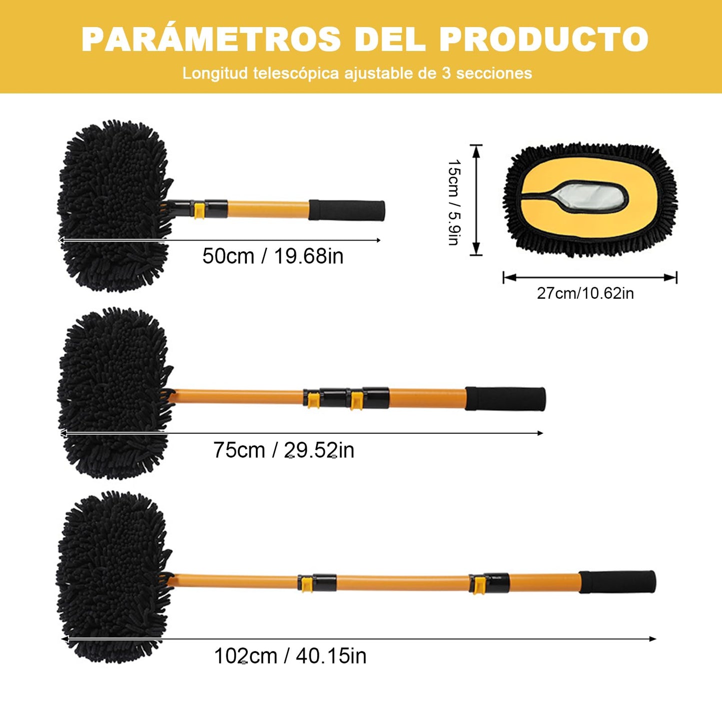 Cepillo para Lavar Carros Curvo 15° con Mango Ajustable de 102 cm, Chenilla Limpieza Auto, Pintura no Dañada, Kit de Lavado para Auto, Cristales, Ruedas, Suelos