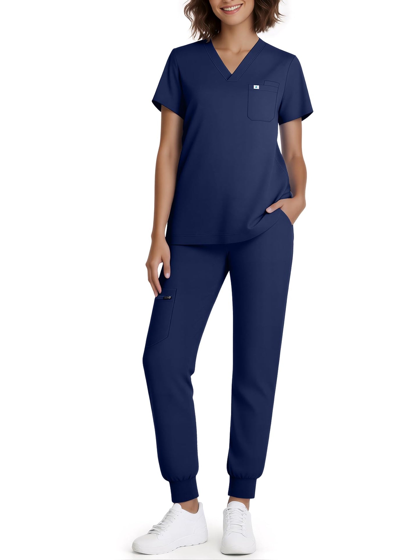 Eadflie Conjunto de uniforme médico para mujer: top con cuello en V y pantalón tipo jogger con 5 bolsillos, tejido elástico suave, aberturas laterales (azul marino/M).