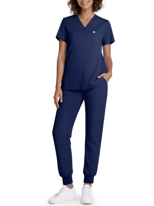 Eadflie Conjunto de uniforme médico para mujer: top con cuello en V y pantalón tipo jogger con 5 bolsillos, tejido elástico suave, aberturas laterales (azul marino/M).