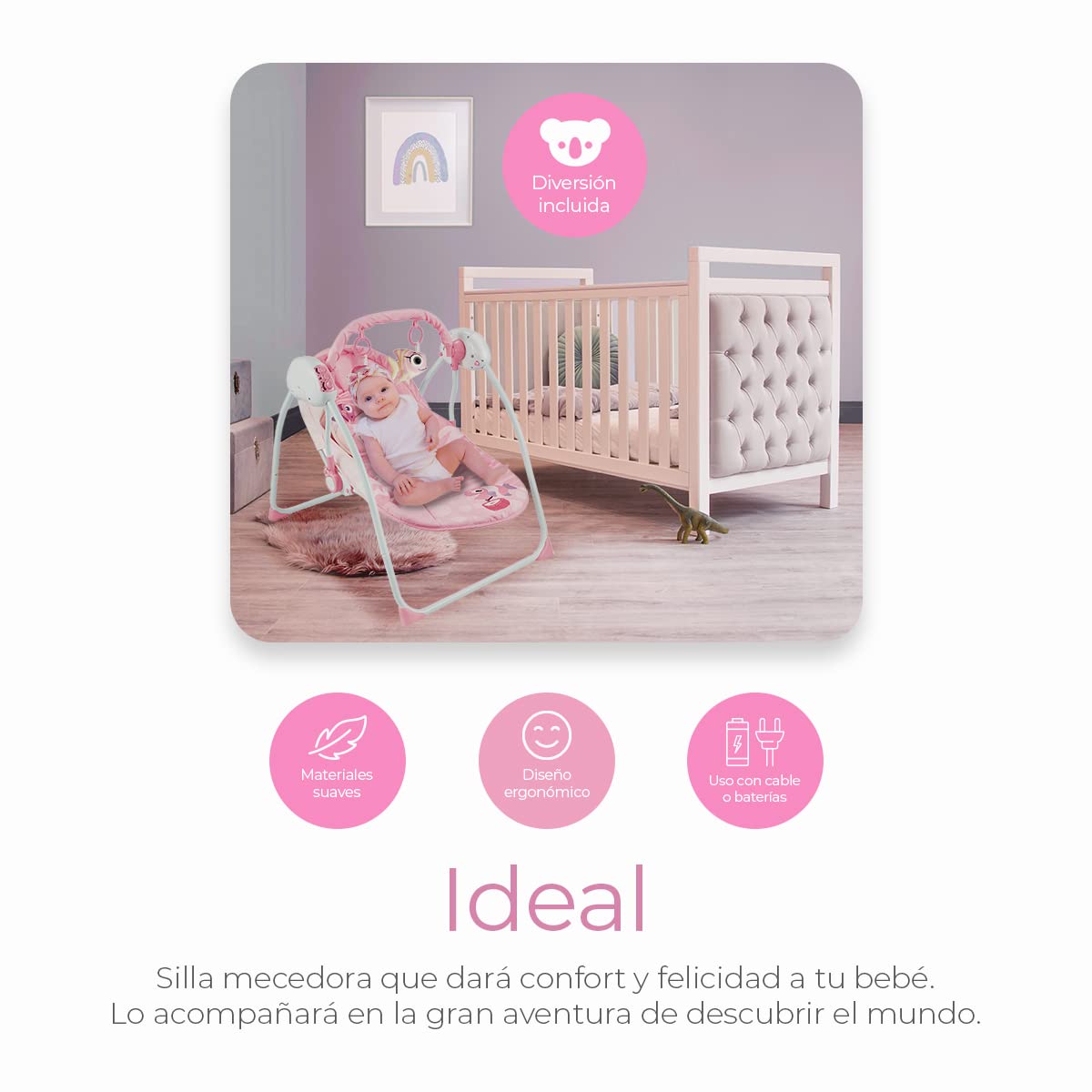 Silla Mecedora Eléctrica Raganet Rosa con Columpio a Control Remoto y Música para Bebés