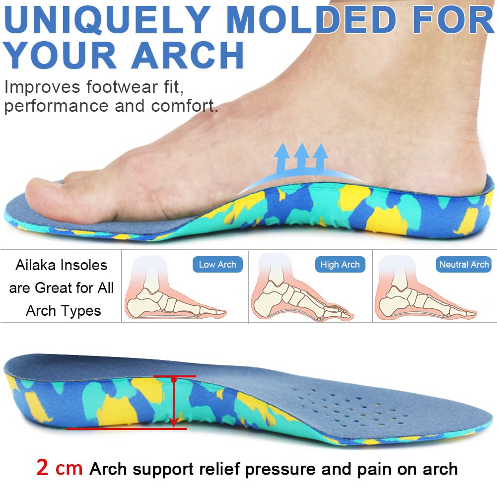 Ailaka Plantillas ortopédicas para niños, plantillas de apoyo de arco para zapatos, inserciones de espuma EVA para pies planos, fascitis plantar