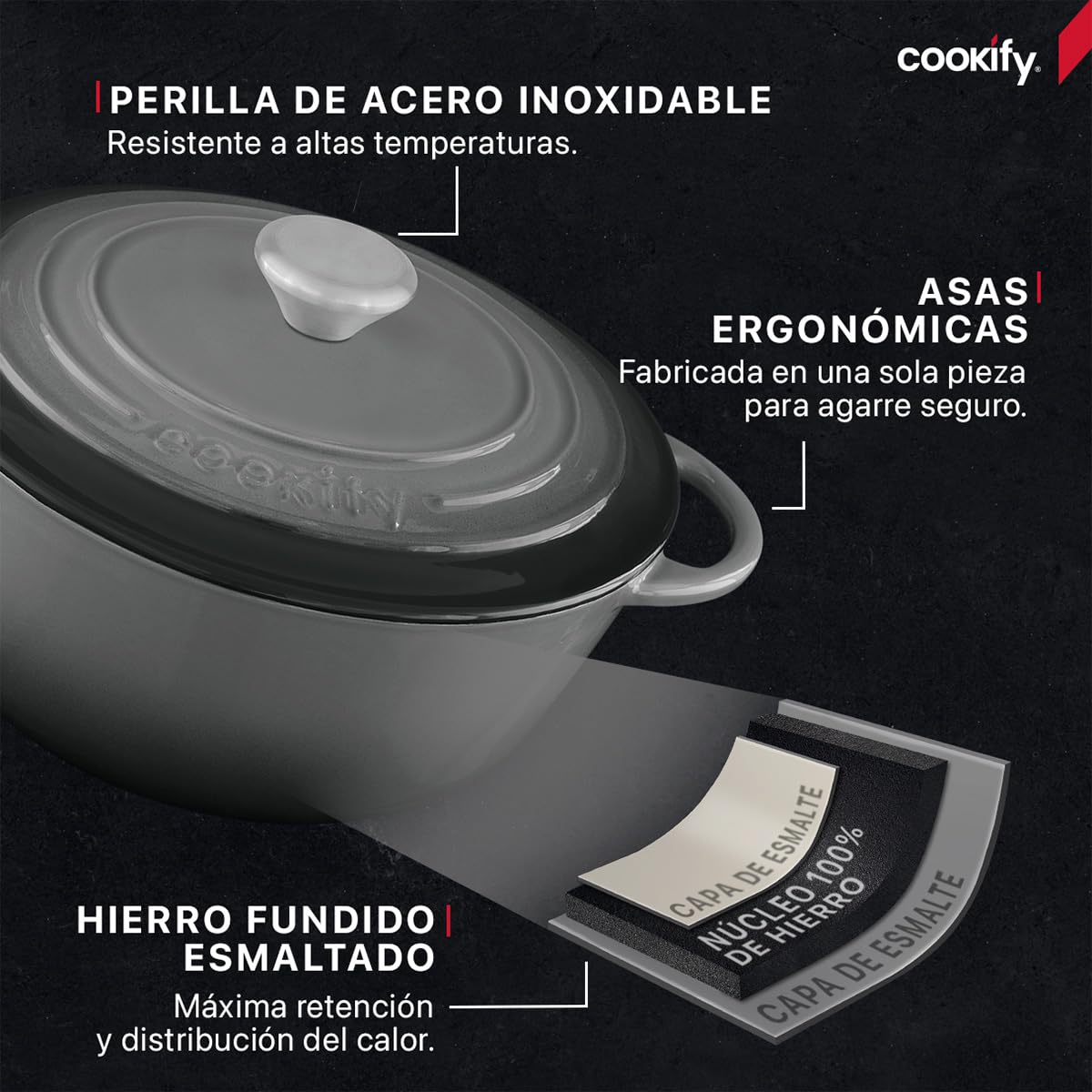 Cookify Olla de Hierro Fundido Esmaltado para Horno y Estufa, Horno Holandés Capacidad 4 Litros Dutch Oven (Gris, 24.8 cm)