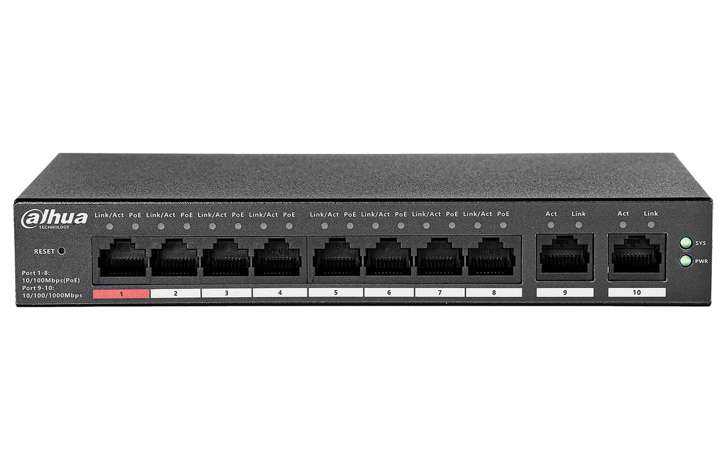 Dahua Switch 10 Puertos Fast Ethernet, 8 Puertos PoE 10/100/1000 + 2 Puertos Uplink, 110W, 5.6Gbits, DH-CS4010-8ET-110