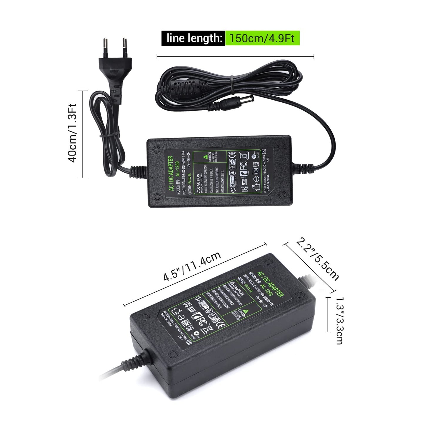 Adaptador de Corriente CC 12V 3A Enchufe EE. UU. Cable 4.6 Pies, Transformador CA a CC 12 Voltios