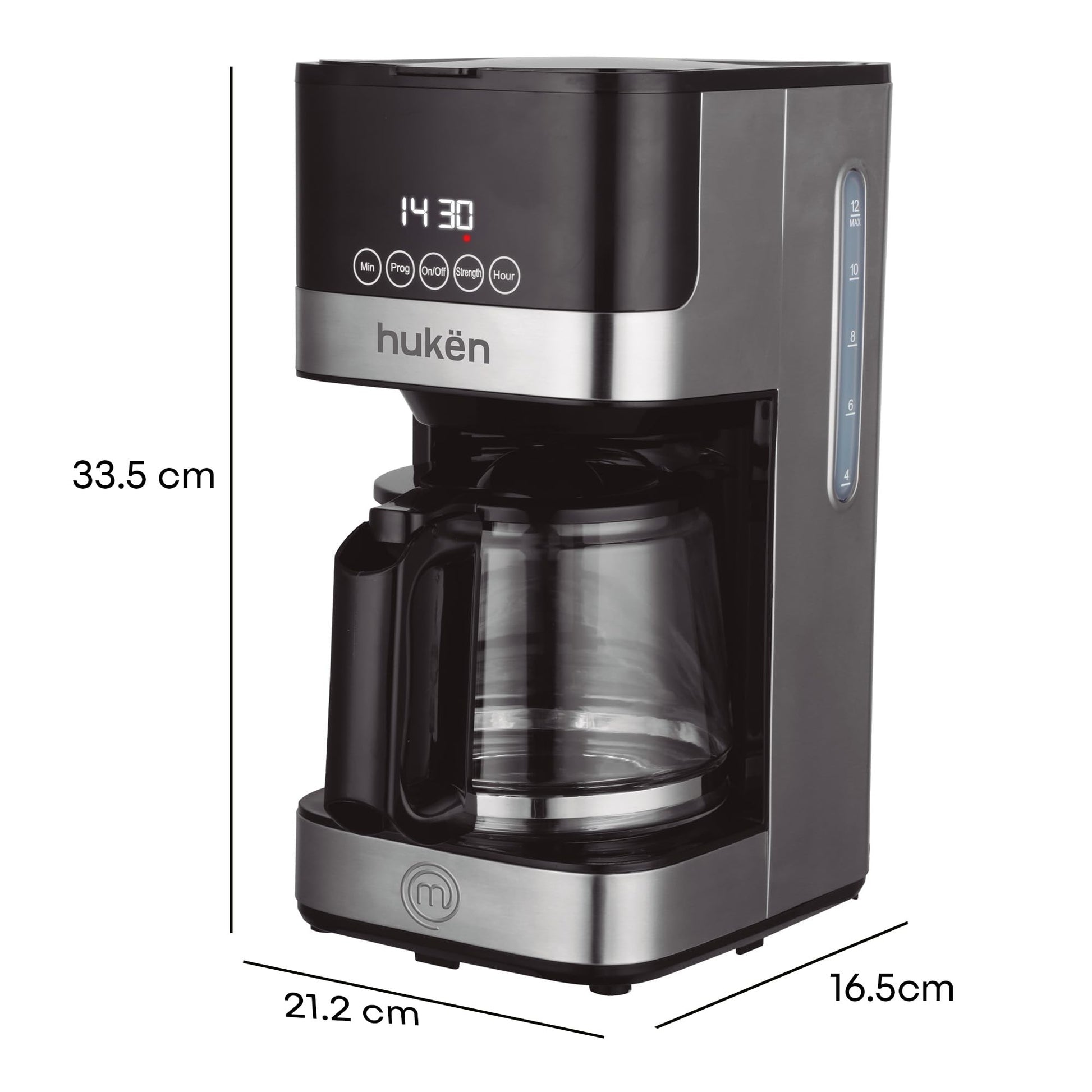 Cafetera Smart Brew MasterChef by Hukën, Cafetera de goteo, programable, inteligente, con filtro permanente, capacidad 12 tazas, gris, modelo MK-DCM-12PV2