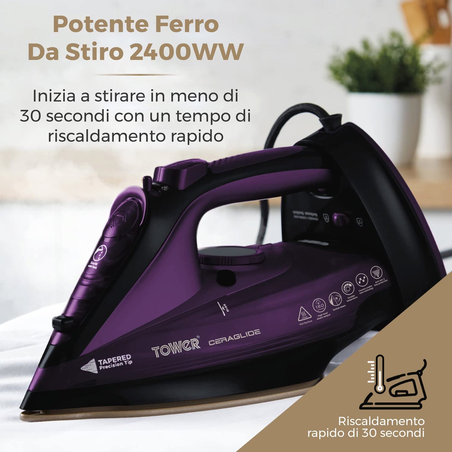Plancha de Vapor Inalámbrica Tower CeraGlide morada con Suela de Cerámica y Vapor Variable