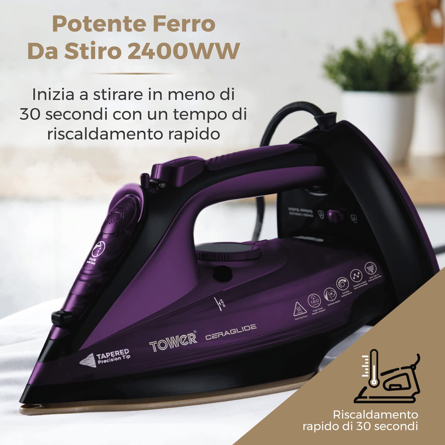 Plancha de Vapor Inalámbrica Tower CeraGlide morada con Suela de Cerámica y Vapor Variable