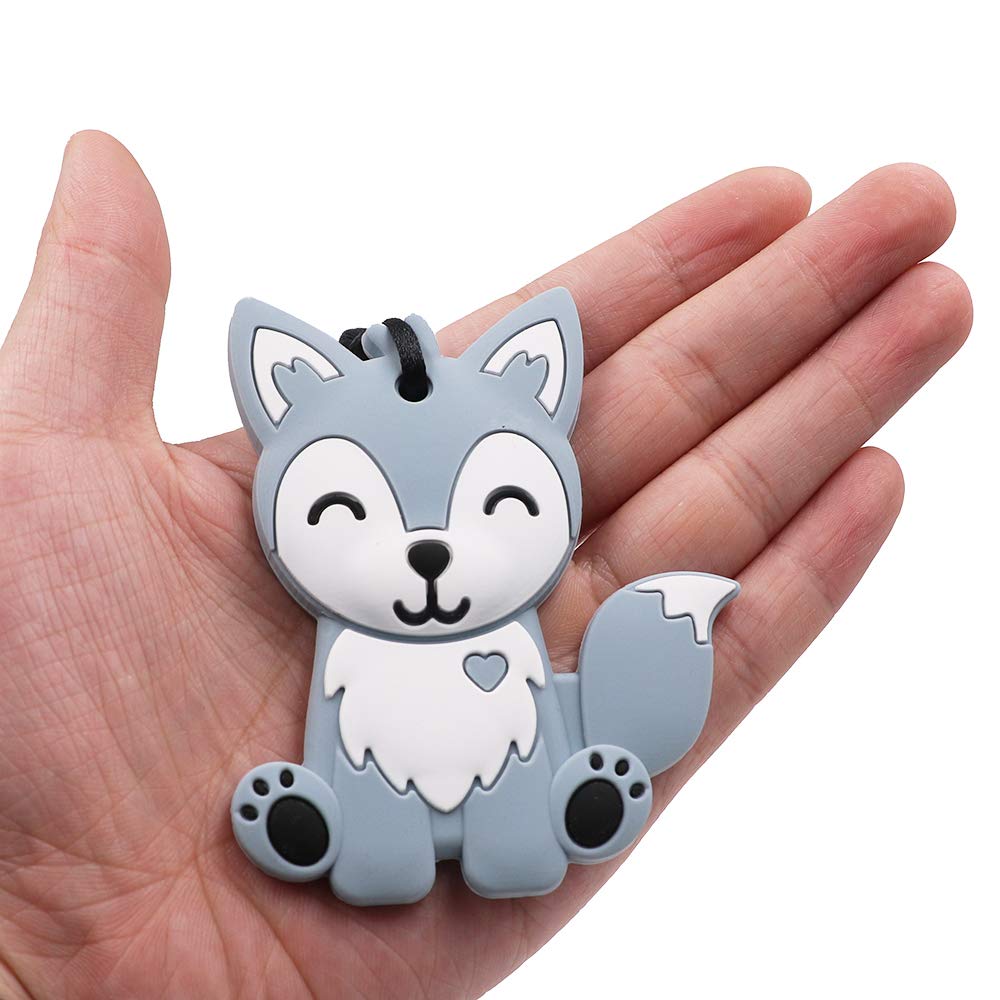 Collares sensoriales para masticar para niños, niños y niñas, paquete de 2 juguetes masticables de silicona de zorro para autismo, TDAH, SPD, juguete masticable de motor oral para adultos, azul y gris
