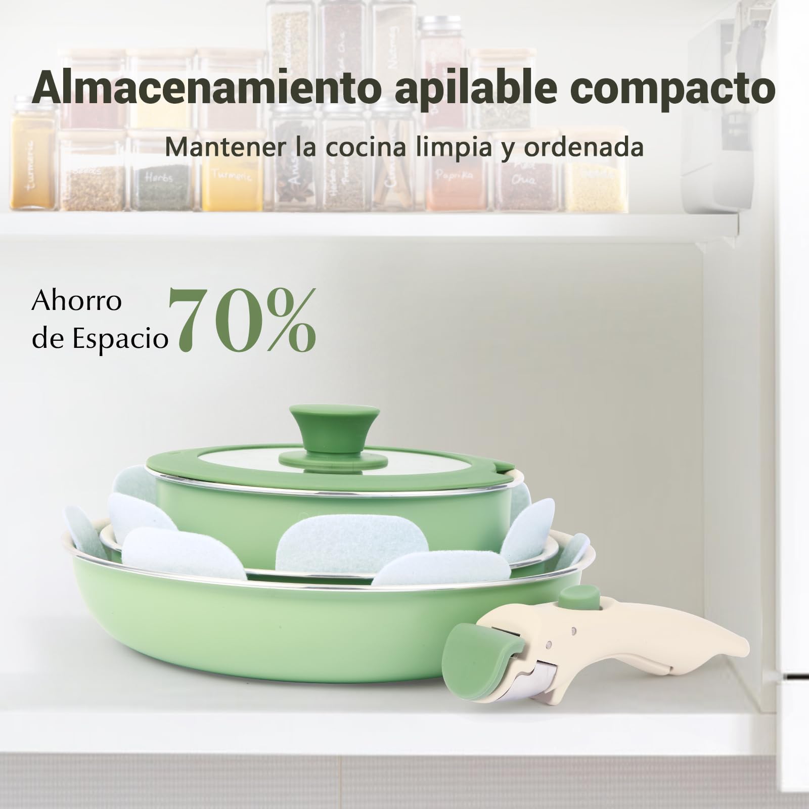 M MELENTA Juego de 8 ollas y sartenes antiadherentes con mango desmontable, bateria de cocina antiadherente de granito de inducción, apto para horno, color verde salvia