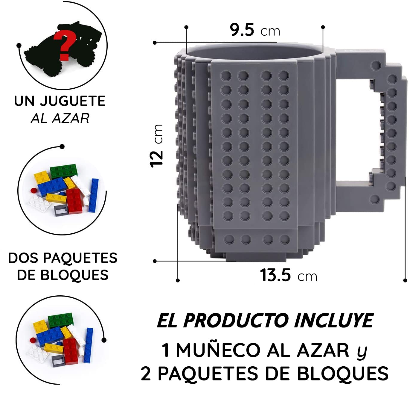 John & John Taza armable de diseño Divertido para Ladrillos, Incluye un muñeco y 2 Sets de Bloques de construcción para Jugar (10 Colores) - Gris