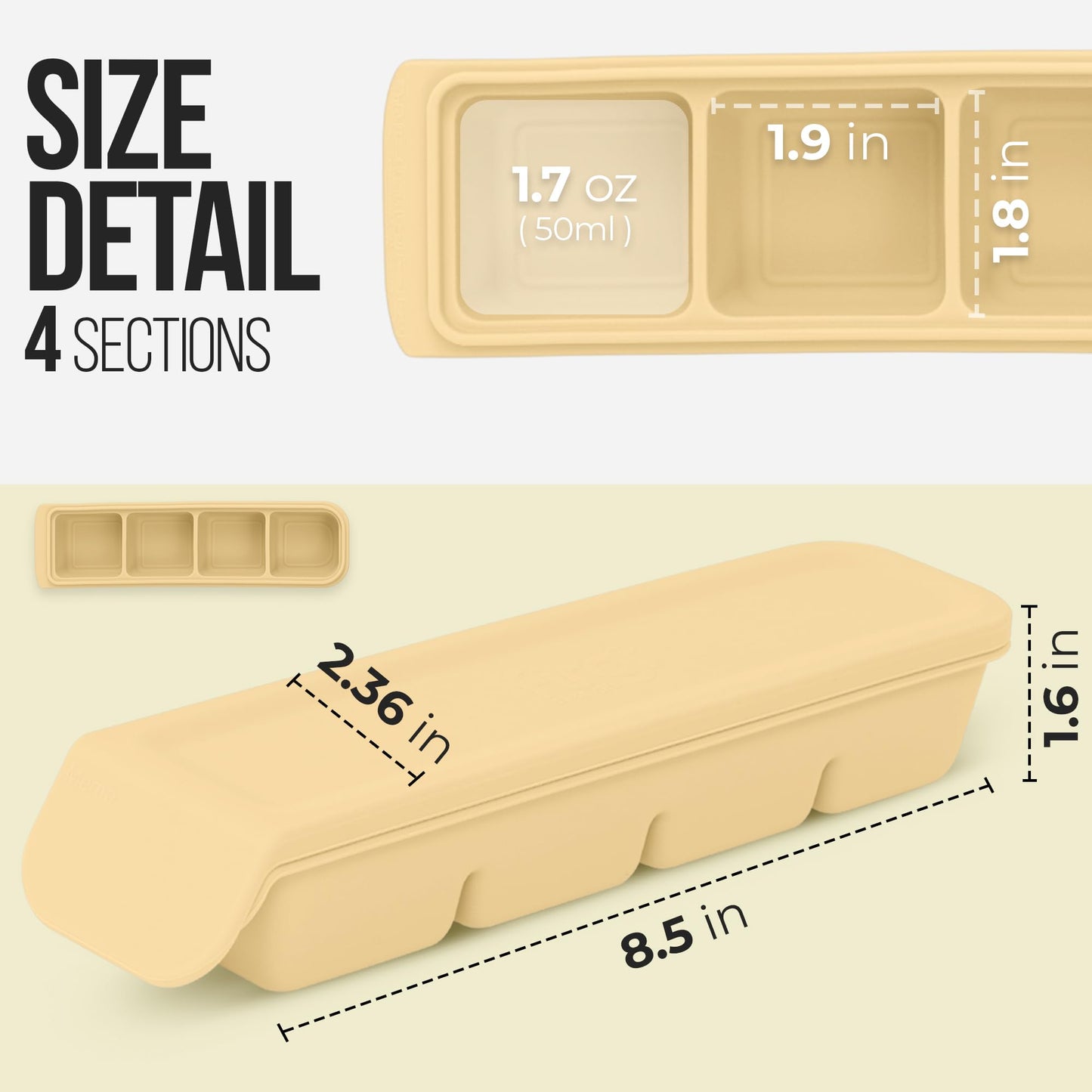Firgi - Contenedores de silicona con tapa para congelador, 50 ml, 4 secciones - Moldes a prueba de fugas, no filtran olores, sin BPA; p/hielo, alimentos caseros, leche materna, purés, verduras; beige
