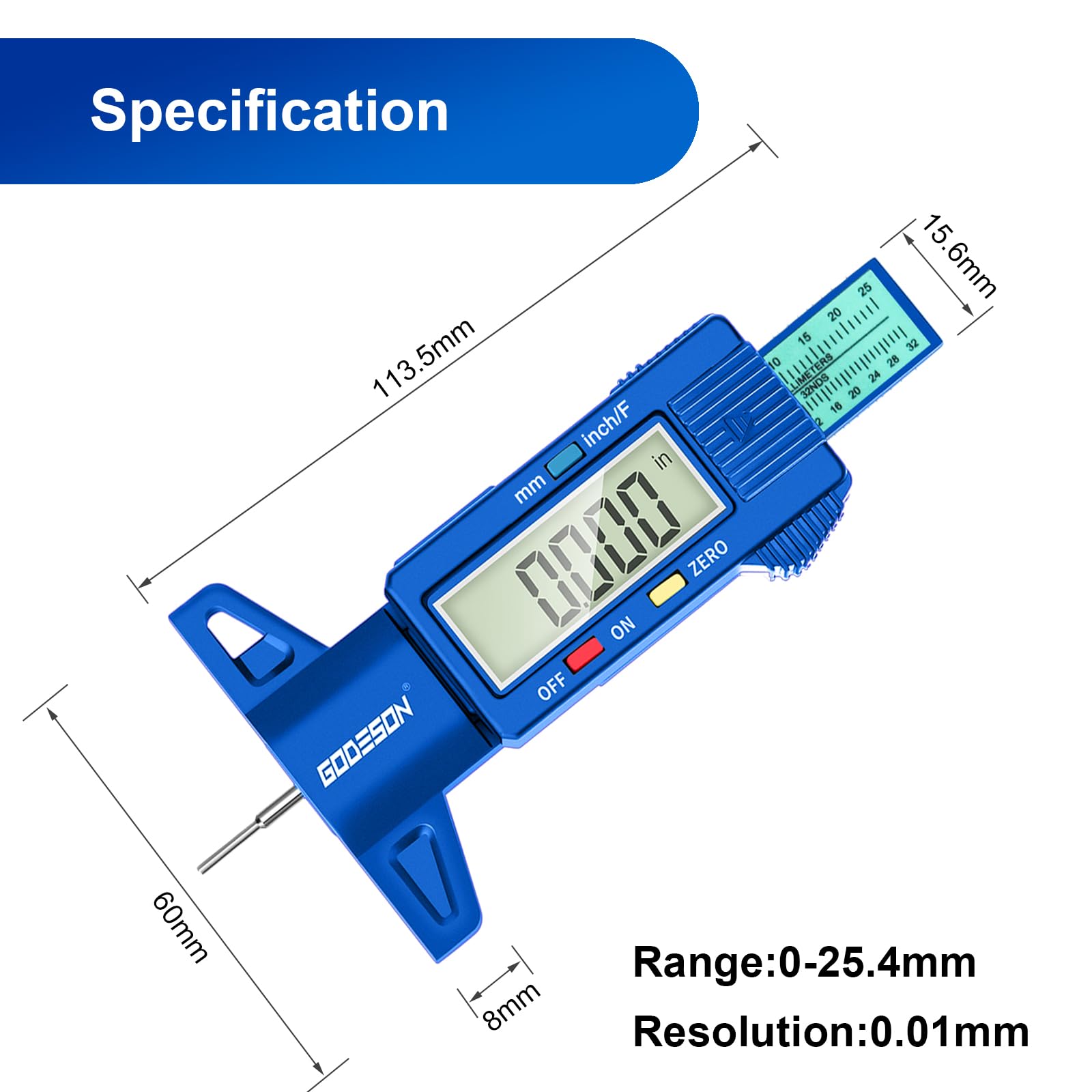 GODESON Medidor de profundidad de la banda de rodadura de neumáticos, medidor digital de profundidad de neumático con 3 modos de pulgada fraccionada, medidor de profundidad de neumático azul con barra