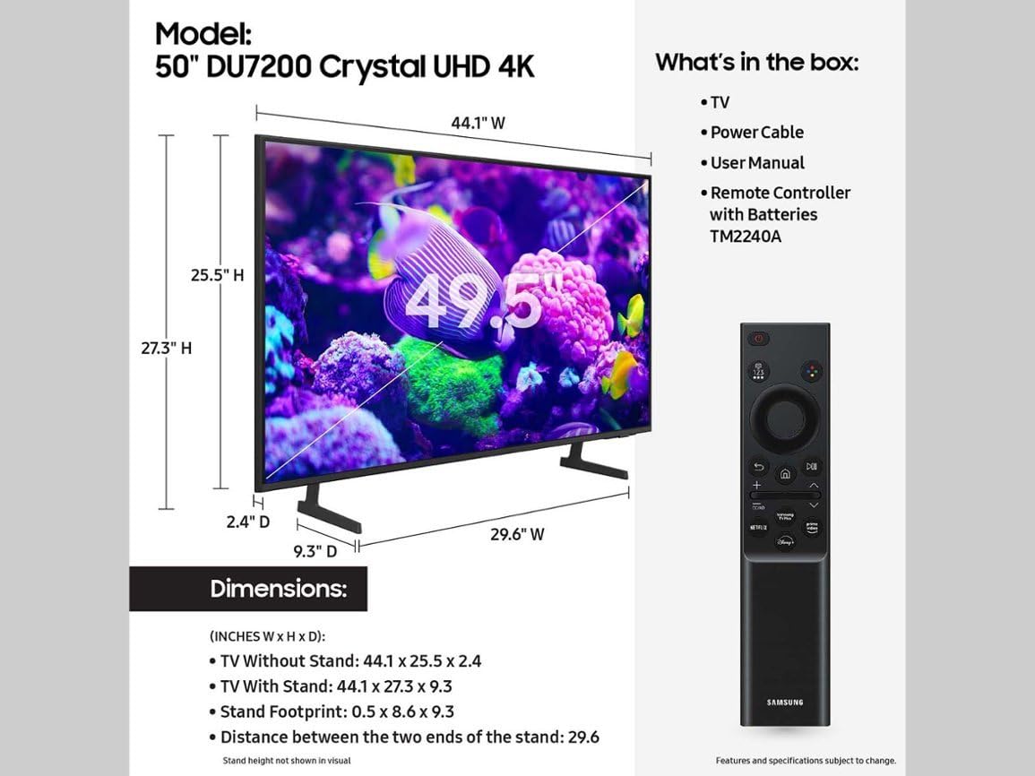 SAMSUNG Television Smart TV | 50 Pulgadas | Clase DU7200 Serie Crystal UHD 4K | PurColor | Smart Tizen TV | Xacelerador De Movimiento | UN50DU7200DXZA (Reacondicionado)