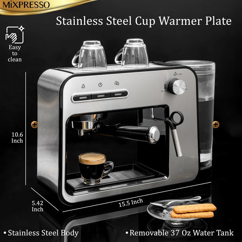 Máquina de Café Espresso Mixpresso Plata con Espumador de Leche para el Hogar