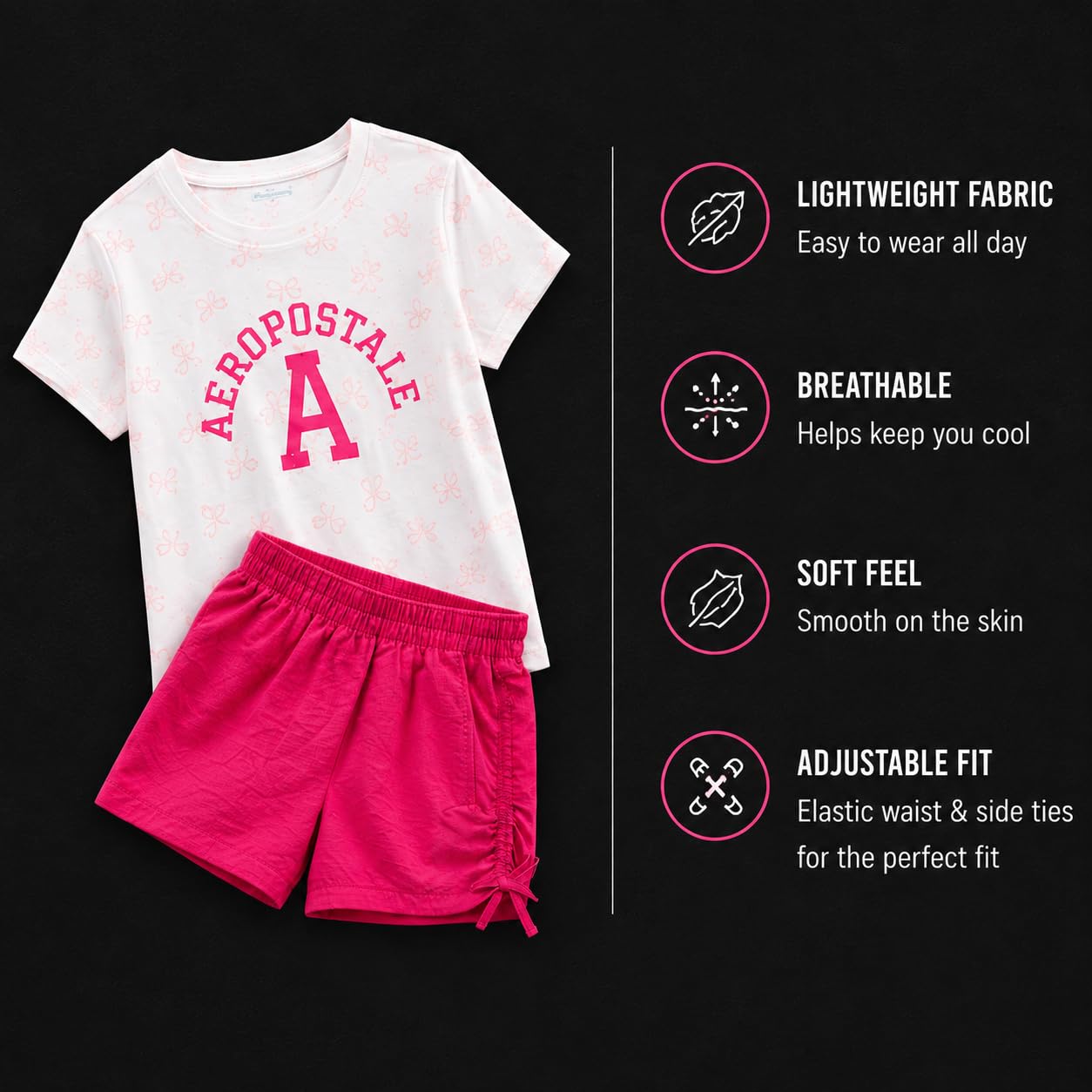 AEROPOSTALE Conjunto de shorts para niñas - 2 piezas Camisetas suaves de manga corta con estampado y shorts de sarga o mezclilla Conjuntos de verano para niñas, Talla 10-12, Blanco Rosa