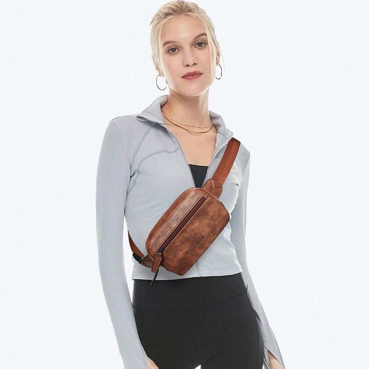 LATMAP - Riñonera de 2 L para todas partes, pequeña y a la moda, bandolera de piel sintética, impermeable, para mujer, a la moda, Marrón, Pequeño, Moda casual